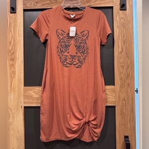 Cato Tiger Graphic T Shirt Dress Twist Knot Front XS NWT